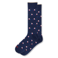 Navy blue crew socks featuring a repeating pattern of red and white fishing bobbers floating in small blue water ripples.