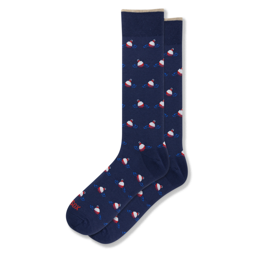 Navy blue crew socks featuring a repeating pattern of red and white fishing bobbers floating in small blue water ripples.