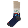 Crew socks featuring a beige upper, navy blue foot, mountains, pine trees, and green text reading I'd Hike That.