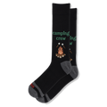 Black crew socks showing a campfire and roasting marshmallows. Green camping crew text sits above the flames. Grey heels.