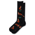 Black crew socks showing orange foxes sitting and standing with green text reading FOR SAKE to create a funny visual pun.