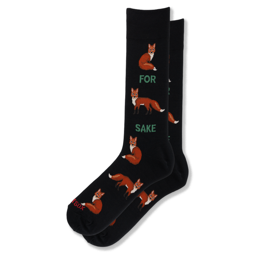 Black crew socks showing orange foxes sitting and standing with green text reading FOR SAKE to create a funny visual pun.