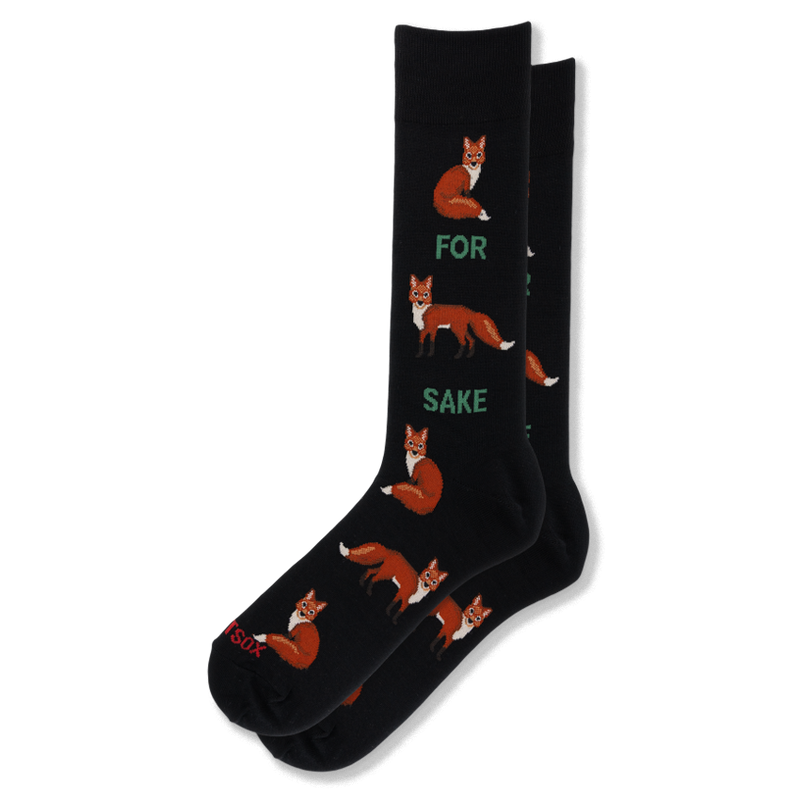 Black crew socks showing orange foxes sitting and standing with green text reading FOR SAKE to create a funny visual pun.