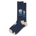 Heathered navy crew socks featuring a pixelated gray rhinoceros and the word HORNY in bright blue text, with tan heels.