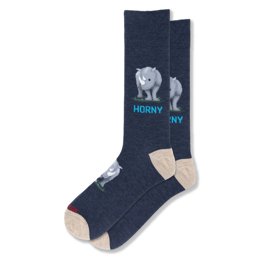 Heathered navy crew socks featuring a pixelated gray rhinoceros and the word HORNY in bright blue text, with tan heels.