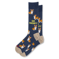Navy blue crew socks featuring a pattern of corgi dogs, yellow Go Shorty text, and contrasting tan heels and toes.