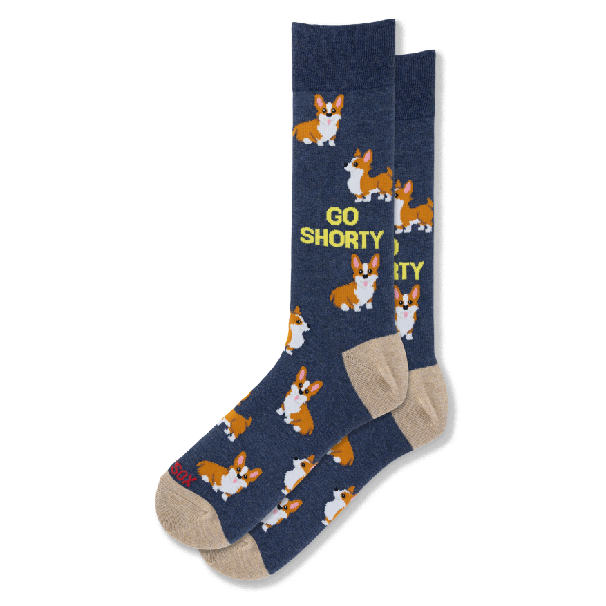 Navy blue crew socks featuring a pattern of corgi dogs, yellow Go Shorty text, and contrasting tan heels and toes.