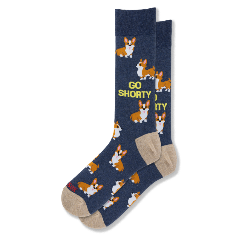 Navy blue crew socks featuring a pattern of corgi dogs, yellow Go Shorty text, and contrasting tan heels and toes.