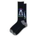 Black crew socks featuring a retro UFO beaming up Bigfoot in a blue light cone with the word BELIEVE in bright green text.