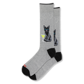 Light grey crew socks with a black cat sitting by a green martini glass, finished with a black toe and heel.