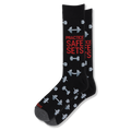 Black crew socks featuring grey dumbbells and bold red text reading PRACTICE SAFE SETS on the leg, with dark grey toes.
