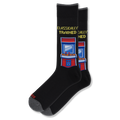 Black crew socks with grey trim, featuring a red and blue retro arcade machine and yellow Classically Trained text.
