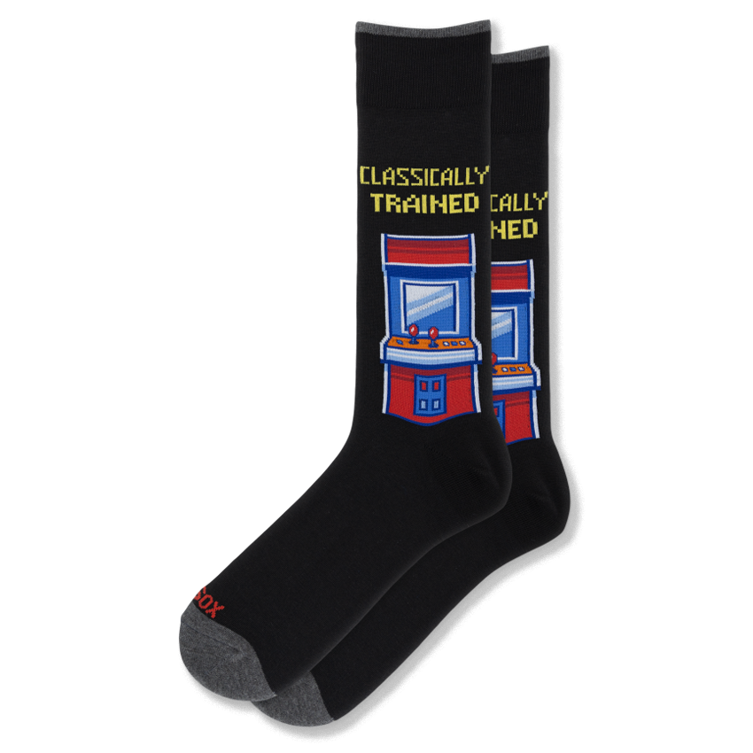 Black crew socks with grey trim, featuring a red and blue retro arcade machine and yellow Classically Trained text.
