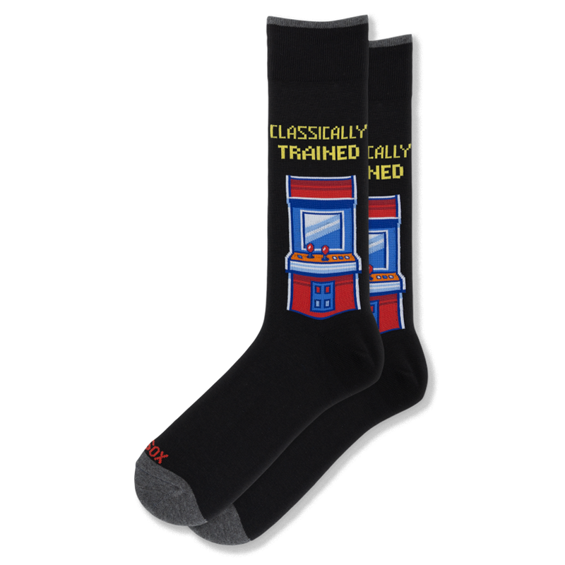 Black crew socks with grey trim, featuring a red and blue retro arcade machine and yellow Classically Trained text.