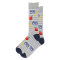 Grey crew socks with white stripes featuring a pattern of red apples, yellow pencils, and blue eyeglasses with navy heels.