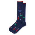 Navy blue crew socks featuring red golf bags, putting greens, golf balls, red hearts, and the text above par in blue.