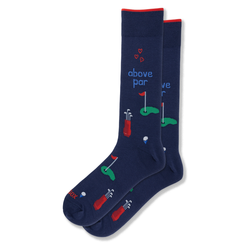 Navy blue crew socks featuring red golf bags, putting greens, golf balls, red hearts, and the text above par in blue.
