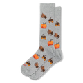Light gray crew socks with a repeating fall pattern of orange pumpkins, brown acorns, falling leaves, and curly vines.