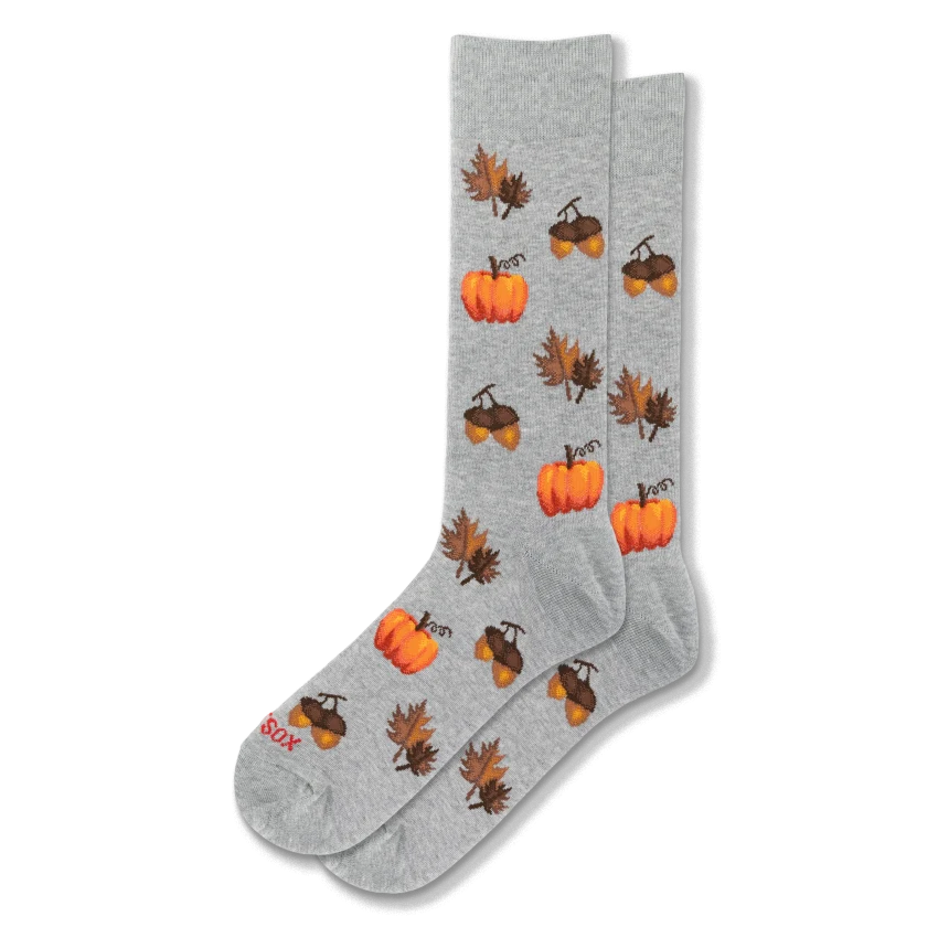 Light gray crew socks with a repeating fall pattern of orange pumpkins, brown acorns, falling leaves, and curly vines.