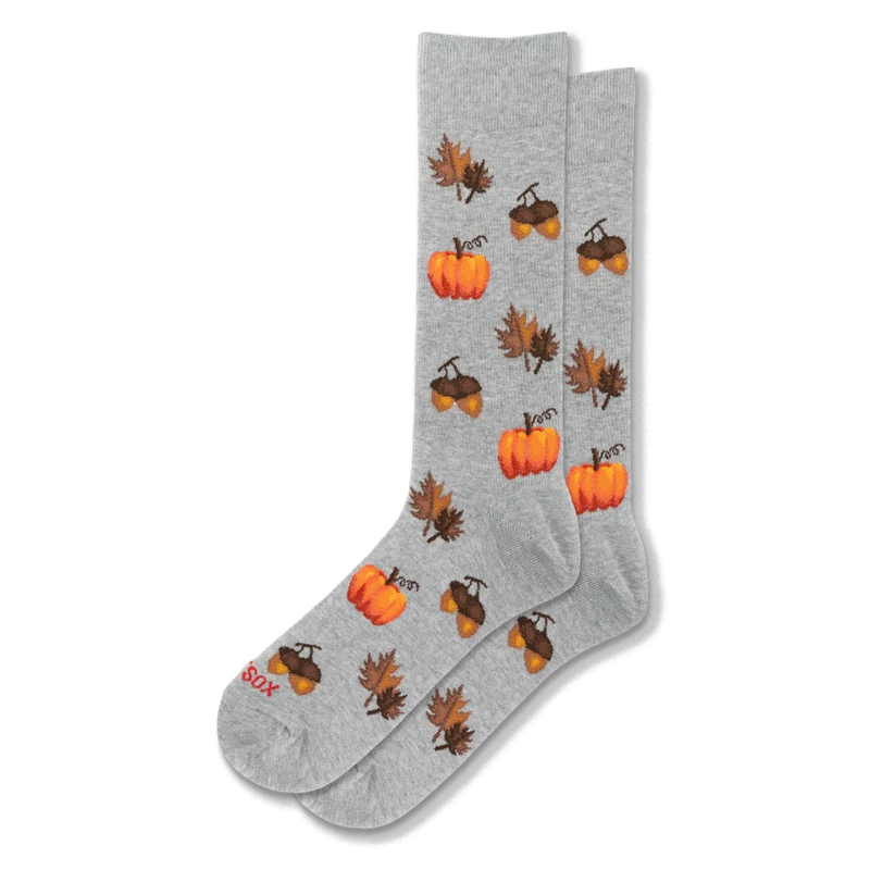 Light gray crew socks with a repeating fall pattern of orange pumpkins, brown acorns, falling leaves, and curly vines.