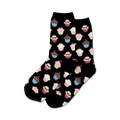 Close-up of black crew socks with a pattern of cupcakes in pink, blue, and brown.