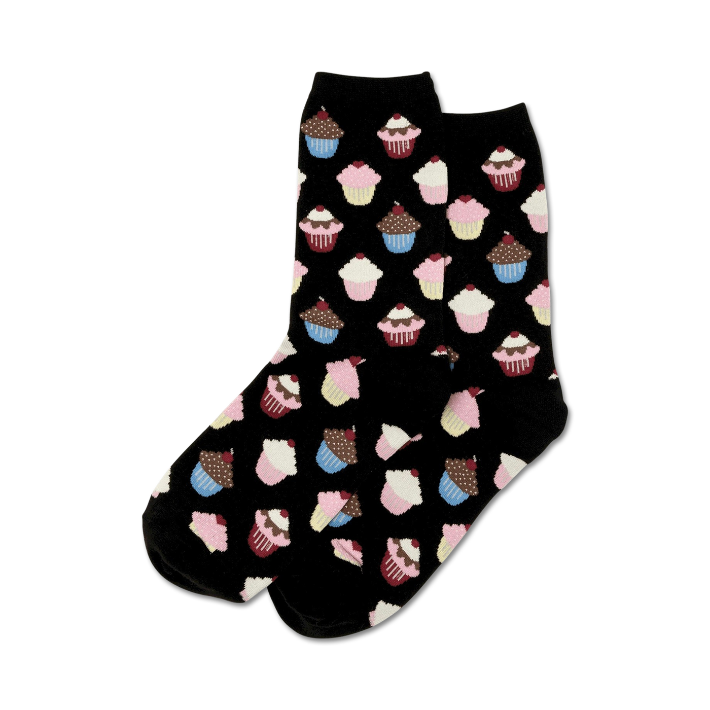 Close-up of black crew socks with a pattern of cupcakes in pink, blue, and brown.
