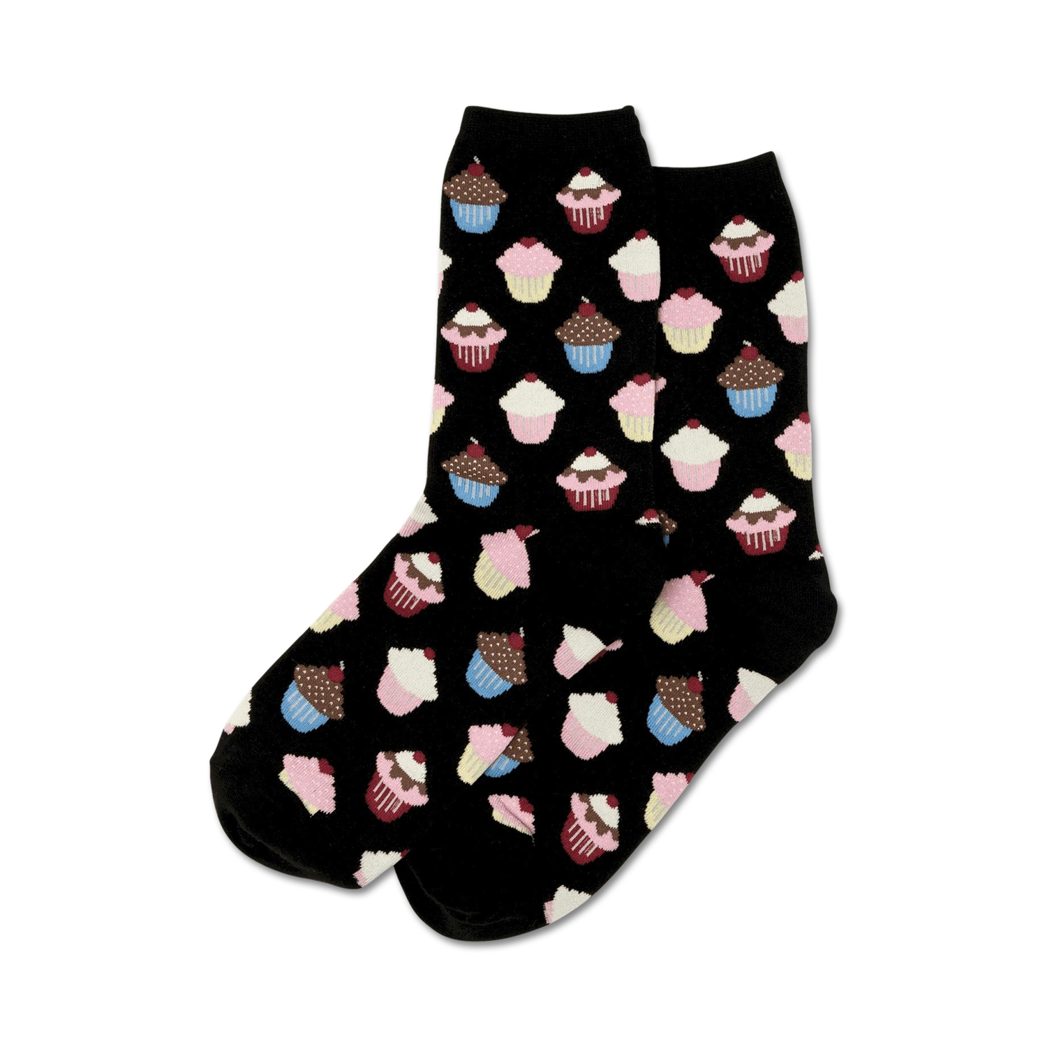 Close-up of black crew socks with a pattern of cupcakes in pink, blue, and brown.