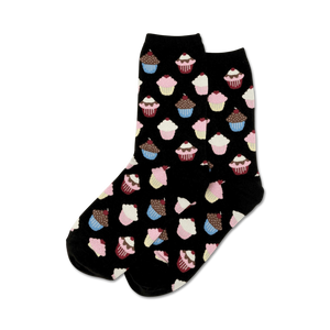 black crew socks with pink, blue, and yellow cupcake pattern.   
