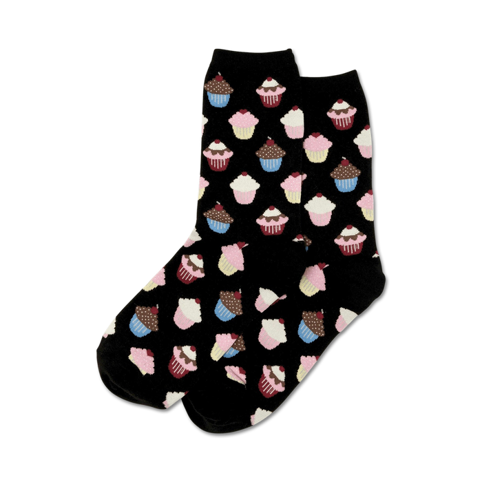 black crew socks with pink, blue, and yellow cupcake pattern.   