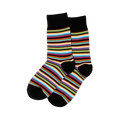 Striped crew socks featuring thin horizontal lines in vibrant retro colors, complete with solid black heels and cuffs.