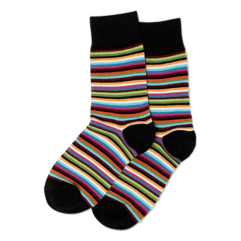 Striped crew socks featuring thin horizontal lines in vibrant retro colors, complete with solid black heels and cuffs.