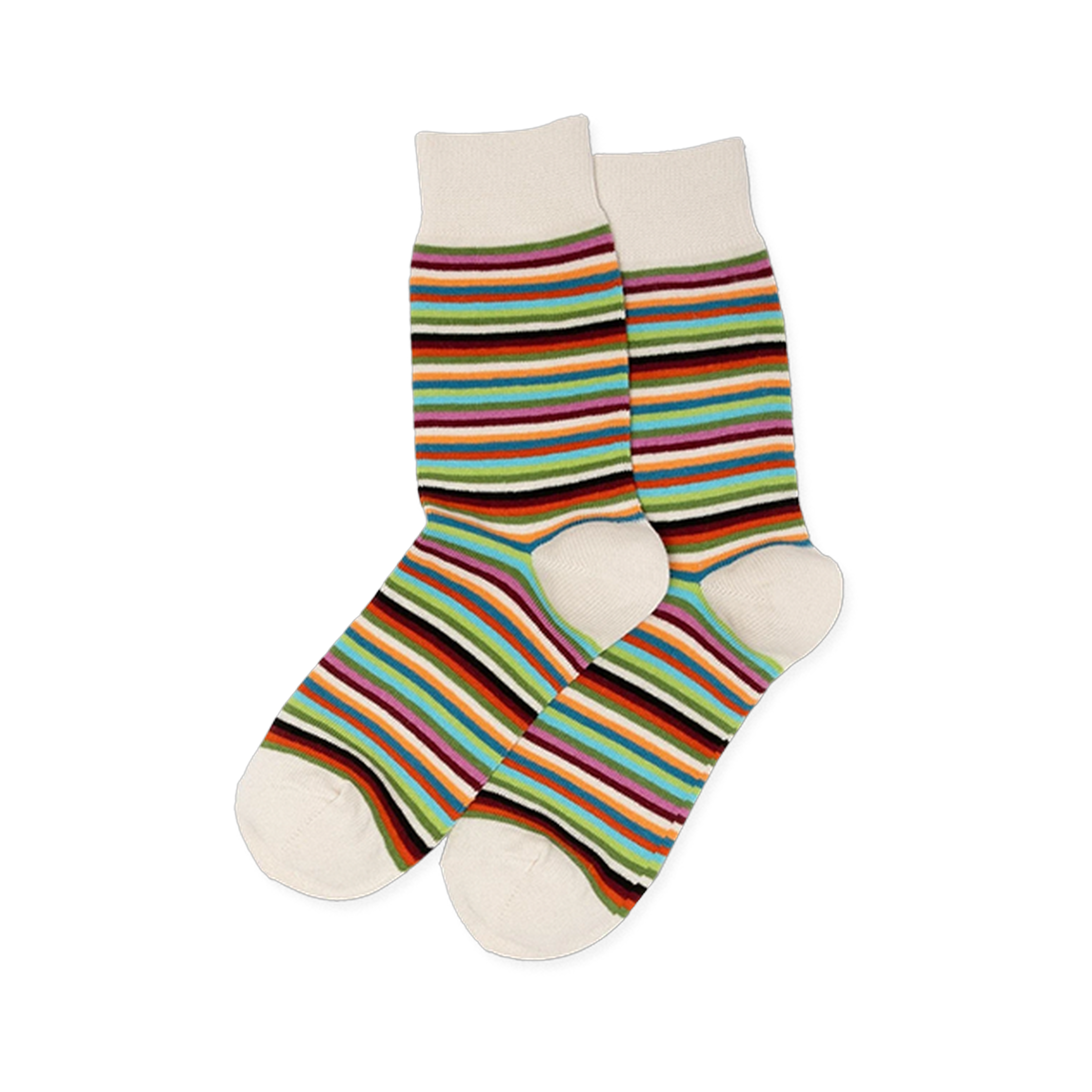 Pair of striped crew socks with horizontal lines in vibrant retro colors, featuring solid cream-colored cuffs and toes.