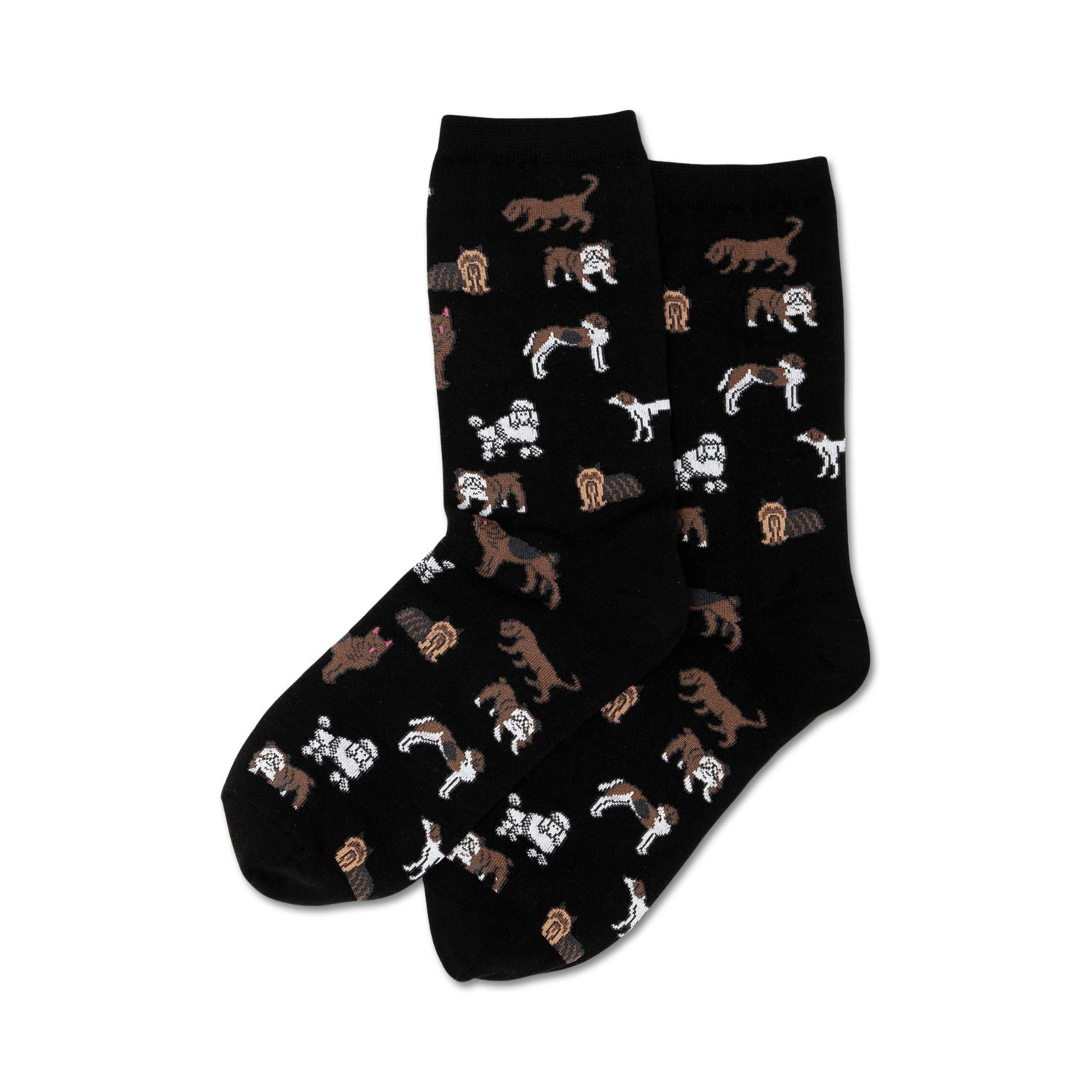 Pair of crew socks, black background, with a repeating pattern of various brown and white dogs.