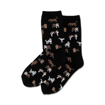 crew length cotton blend socks designed for women. black with pattern of various brown and white dog breeds including bulldogs, french bulldogs, pugs, etc.  
