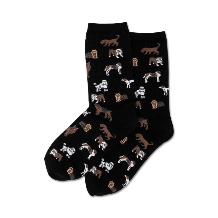 crew length cotton blend socks designed for women. black with pattern of various brown and white dog breeds including bulldogs, french bulldogs, pugs, etc.  
