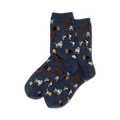 Pair of navy blue crew socks with a repeating pattern of various brown and white dogs.