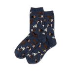 Pair of navy blue crew socks with a repeating pattern of various brown and white dogs.