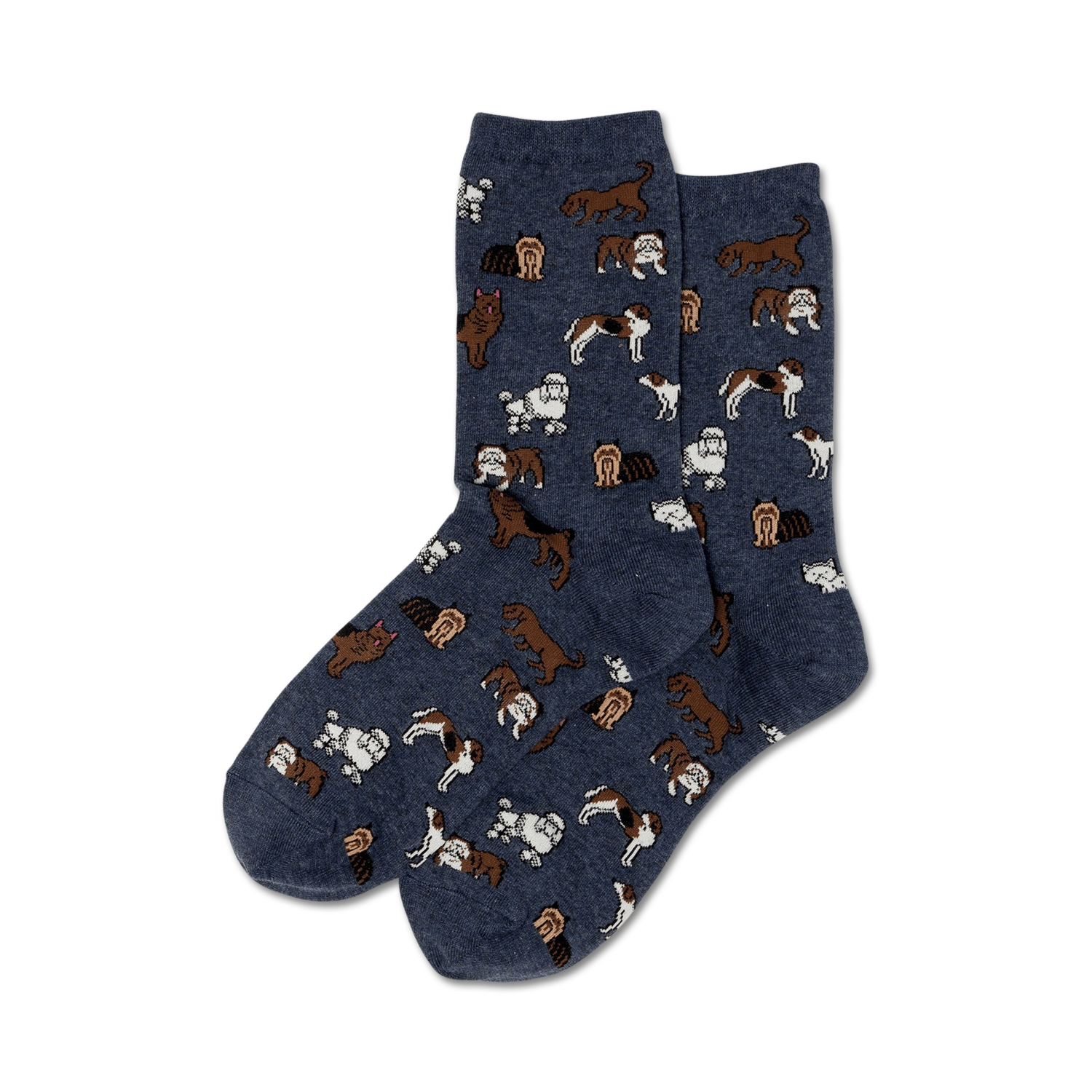 Pair of navy blue crew socks with a repeating pattern of various brown and white dogs.
