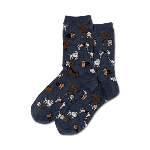 Pair of navy blue crew socks with a repeating pattern of various brown and white dogs.