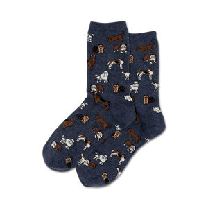 classic dogs crew socks for women feature a pattern of various brown and white dog breeds, including bulldogs, pugs, beagles, and frenchies, on a blue background.   