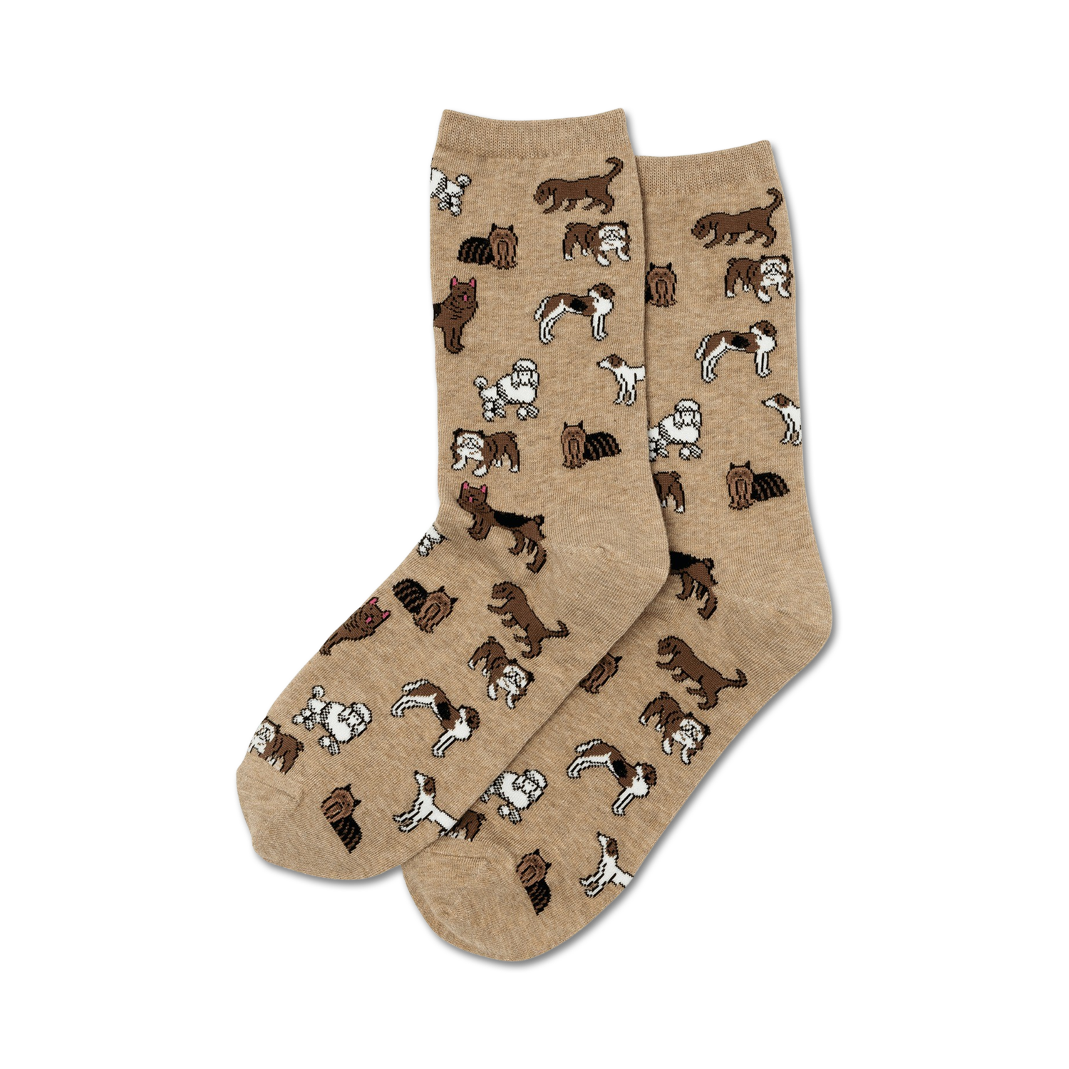Pair of beige crew socks with a repeating pattern of various brown and white dogs.