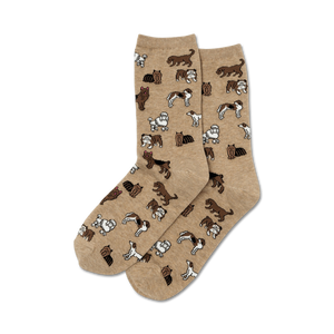 crew length socks for women in a light brown color with a pattern of various dog breeds in darker brown.   