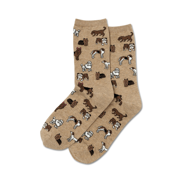 crew length socks for women in a light brown color with a pattern of various dog breeds in darker brown.   