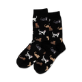 Pair of black crew socks with a pattern of various cats in white, brown, and gray.