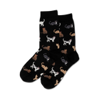 Pair of black crew socks with a pattern of various cats in white, brown, and gray.