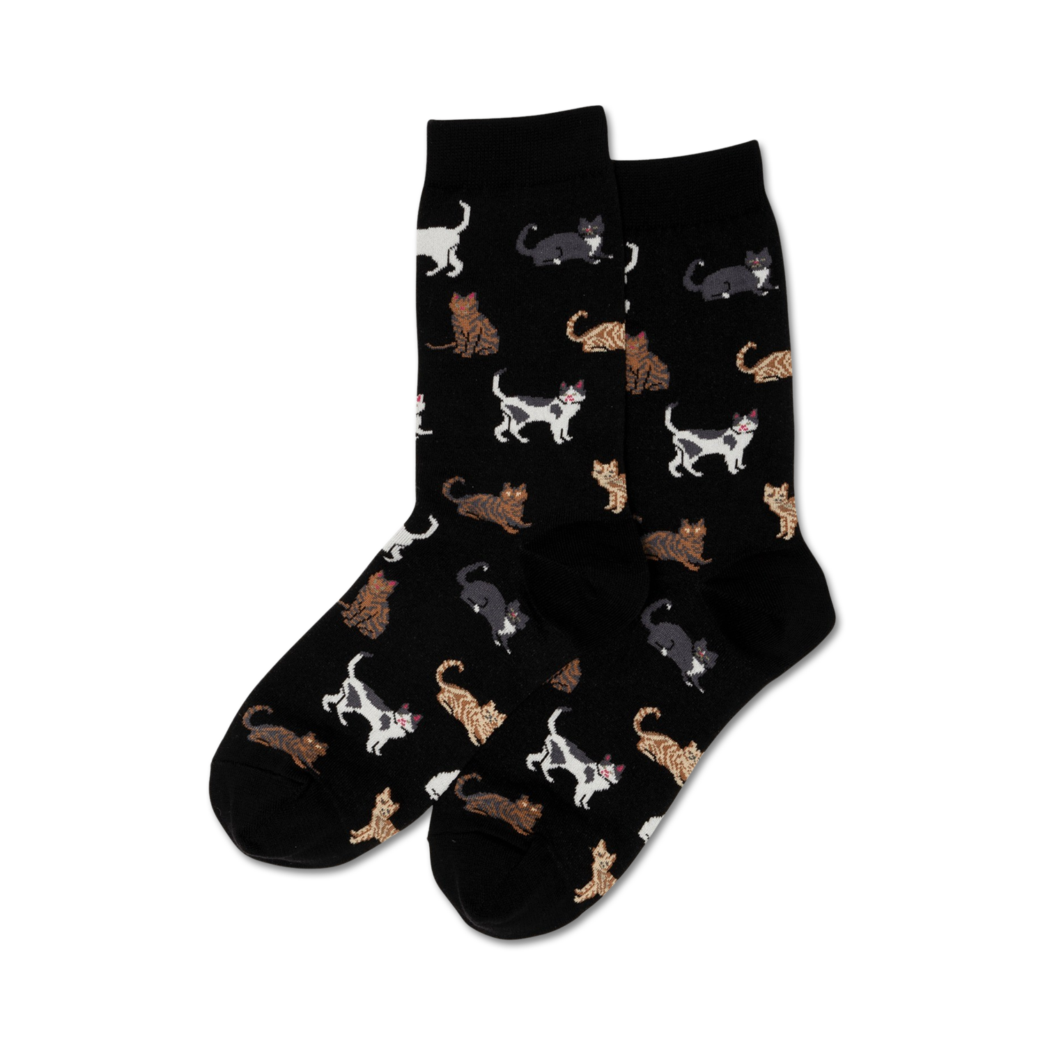 Pair of black crew socks with a pattern of various cats in white, brown, and gray.
