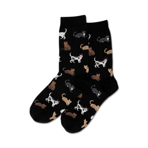 black women's crew socks featuring a cartoon cat pattern in a variety of poses.   