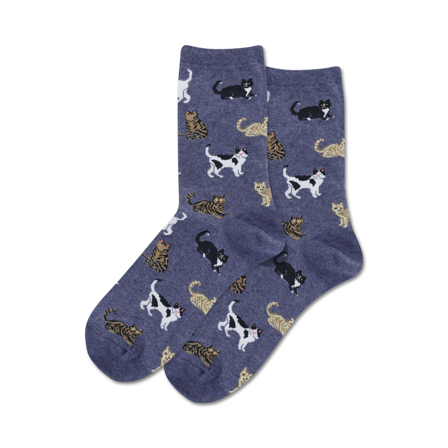 Pair of navy crew socks with a pattern of various cats in white, brown, and black.