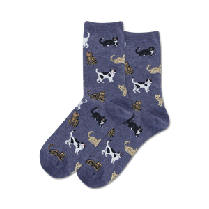 crew length women's socks with a pattern of various cartoon cats in different poses, printed on a blue background    