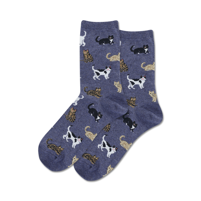 crew length women's socks with a pattern of various cartoon cats in different poses, printed on a blue background    